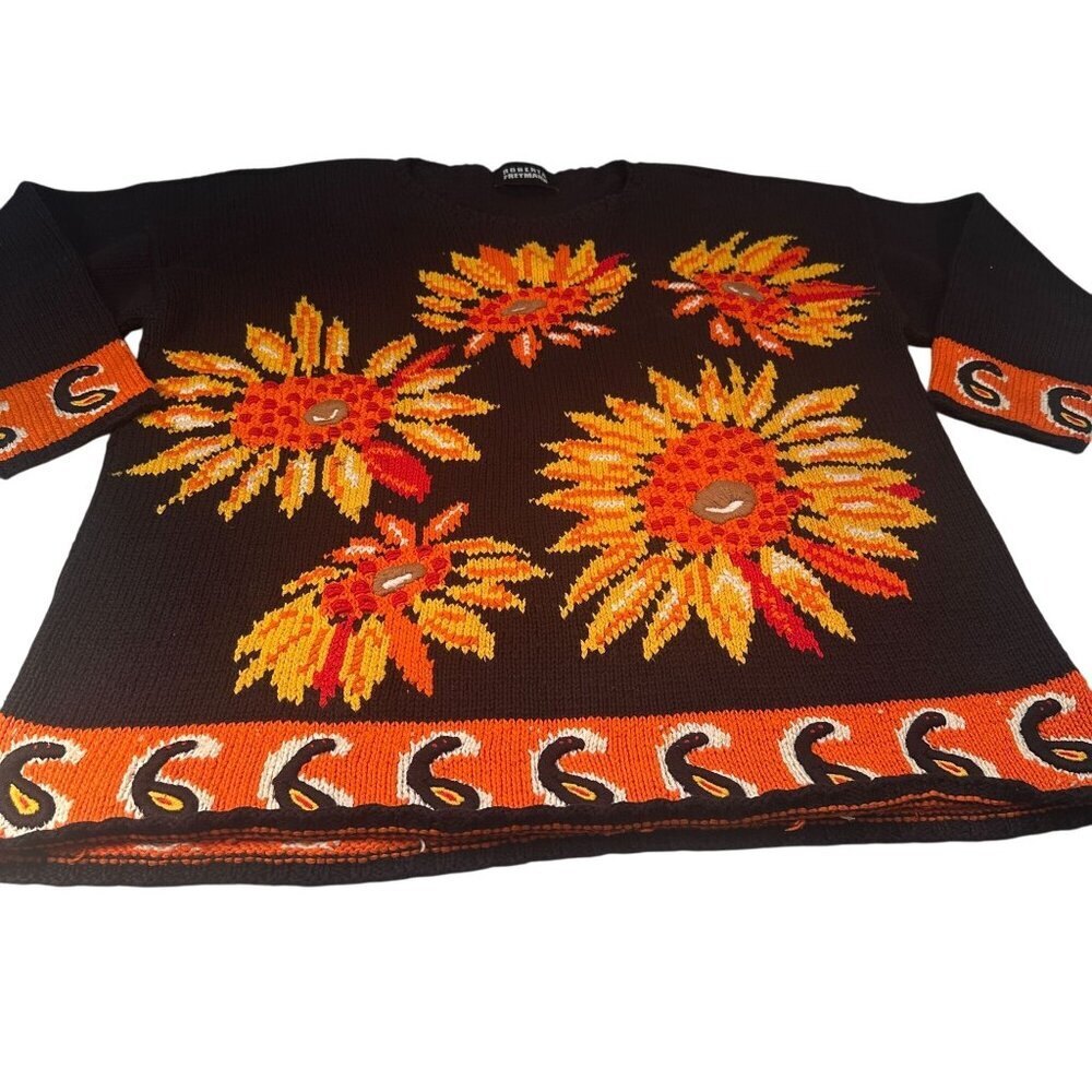 Roberta Freymann Sunflower Knit Oversized Sweater Women Autumn Tunic Vintage
